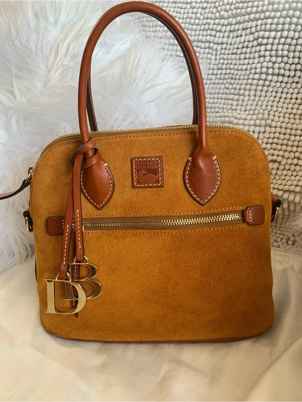 GUC. Dooney & Bourke Suede Satchel in honey Brown with Tan Leather Trim.